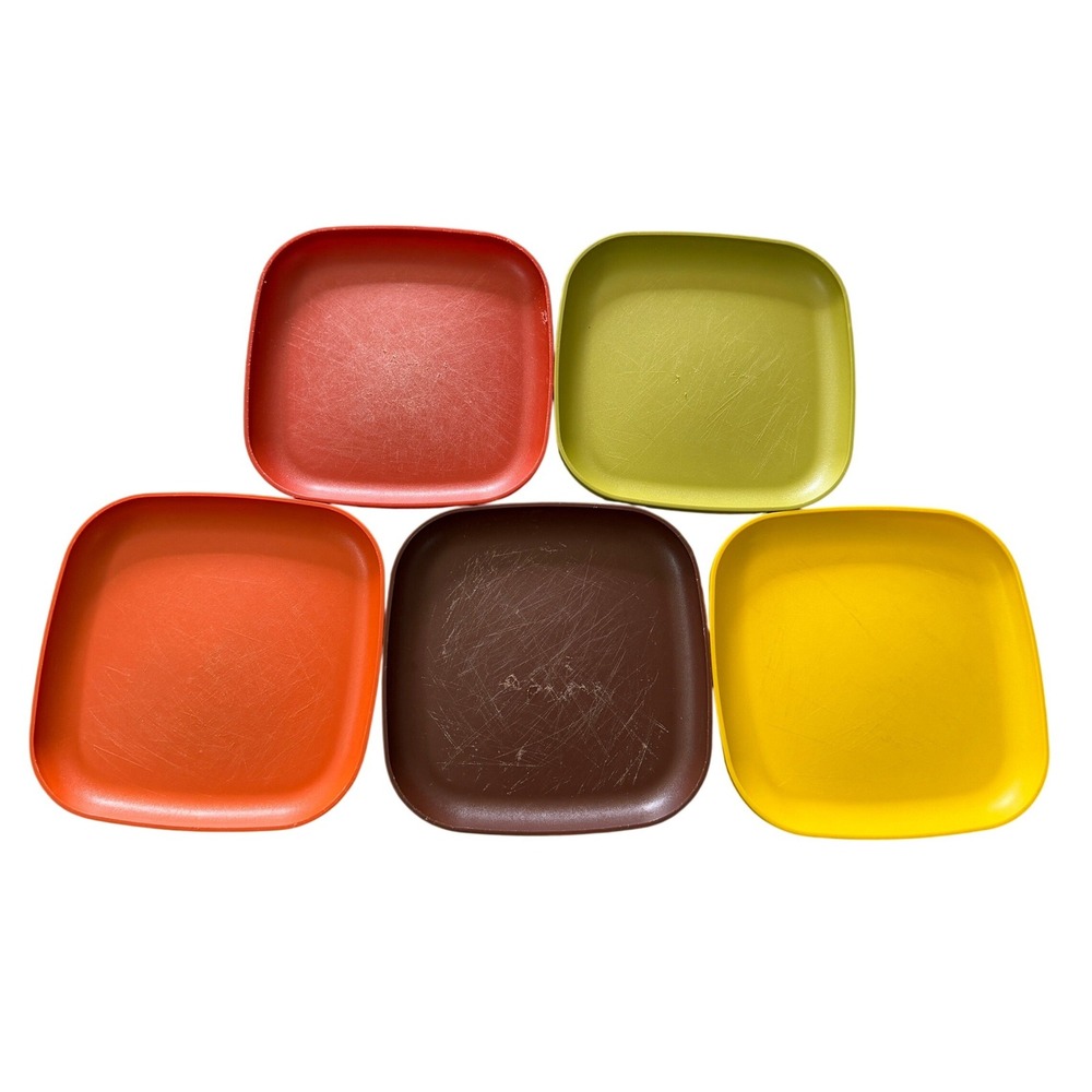 Vintage Tupperware Snack Plates Set 6 Retro Square MCM Multicolor Picnic